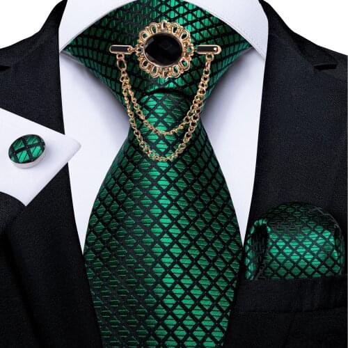 New Fashion Green Check Mens Necktie Brooch Set Mens Silk Ties Wedding Party Tie Handkerchief Cufflinks Set Luxury Tie DiBanGu