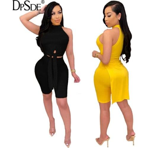 2020 new fashion women sexy club party style sets sleeveless round neck lace-up top elastic short pants pure color 2 piece sets