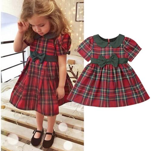 New Toddler Baby Girl Xmas Dress Kids Short Sleeve Clothes Girl Bowknot Plaid Print Dresses Girls Christmas A-Line Dress