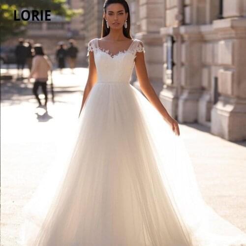 LORIE Elegant Wedding Dresses Appliques Lace A-Line Tulle Backless White Ivory Simple Boho Bride Gown 2021 vestidos de novia