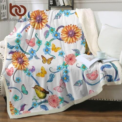 BeddingOutlet Flowers Plush Blanket Watercolor Floral Blankets For Bed Colorful Summer Bedspread Vine With Birds Sherpa Blanket
