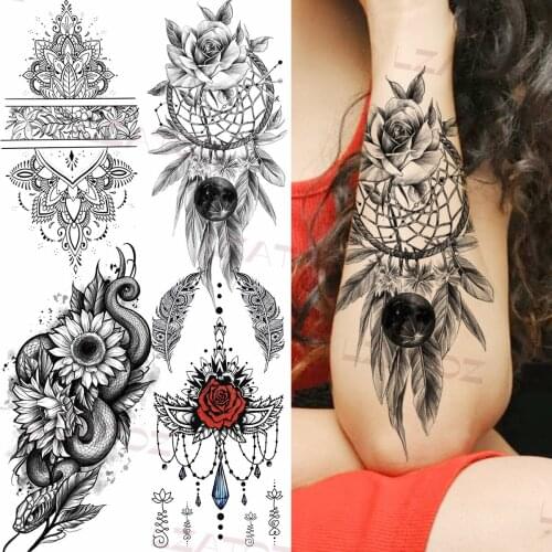 Rose Dreamcatcher Temporary Tattoos For Women Girl Snake Feather Jewelry Realistic Fake Tattoo Sticker Fashion Half Sleeve Tatoo