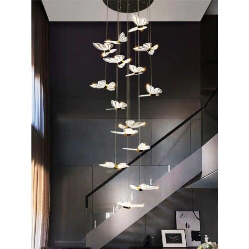 Modern Butterfly Black LED Staircase Chandelier Nordic Duplex Building Long Hanging Lamps Villa Apartment Dining Room Chandelier