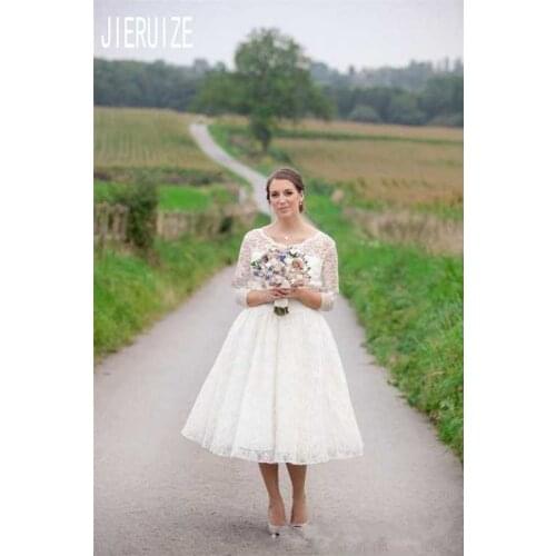 JIERUIZE New Elegant Short Wedding Dresses V Neck 3/4 Sleeves Button Back Lace Boho Bridal Dresses Tea Length Vestido De Noiva