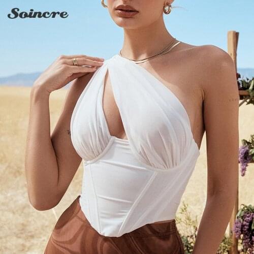 Sexy Backless Crop Tops Fashion One-shoulder Net Gauze Wrapped Chest Hollow Out Sleeveless Slim Tops for Women Solid Color Tank