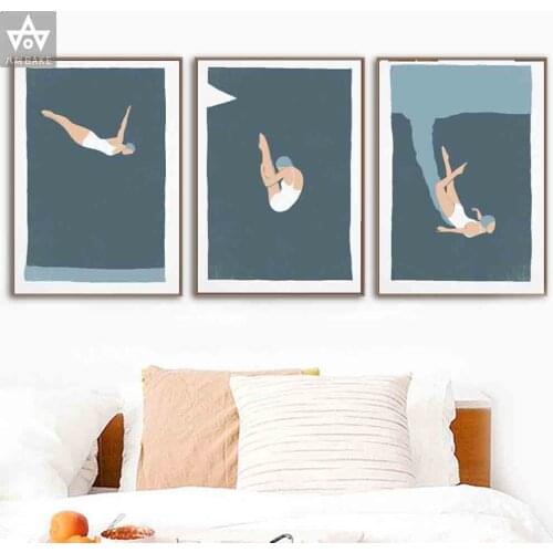 Vintage Retro Swimming Art Figure Oil Painting on Canvas Midcentury modern Posters and Prints Wall Art Picture for Living Room