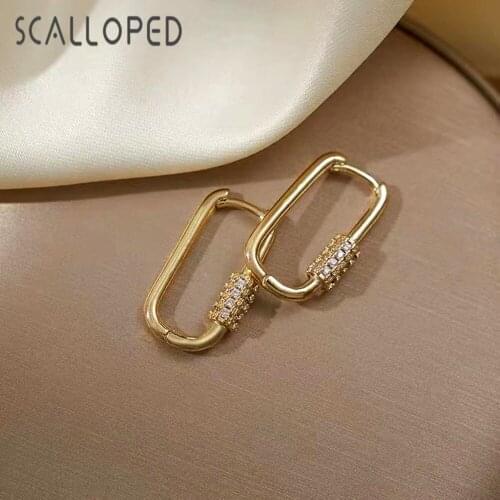 SCALLOPED Vintage U Shape Geometric Hoop Earrings Micro Paved Zircon Metal Punk Hip Hop Fashion Women Jewelry