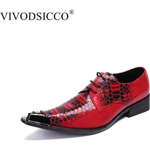 VIVODSICCO Fashion designer Snake Pattern Men Oxford Shoes Rivet Pointed Toe Derby Shoes Party Wedding Lace Up Men Dress Shoes