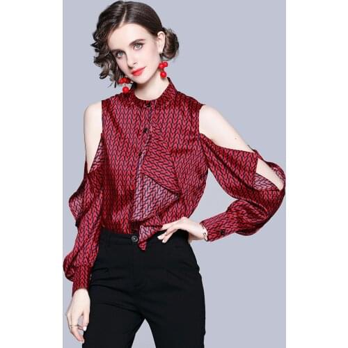 Women T-Shirt With Spring And Summer New Letters Pattern Stand Collar Lotus Leaf Swing Hollow Out Long Sleeve Off Shoulder