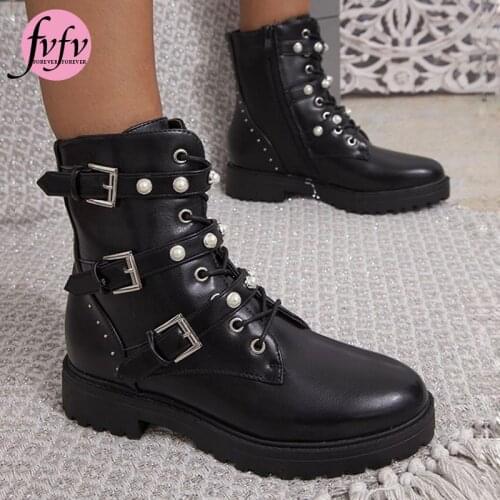 [FVFV] Ankle boots Womens autumn boots 2020 New Pearl Buckle Women Ankle Pearl ZIP Boots Studed Women Ankle Boots
