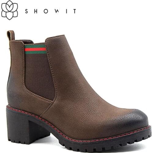 Boots women Chelsea style women footwear with color sewing Middle heel Ankle Classic Boots with elastic low platform Fall shoes