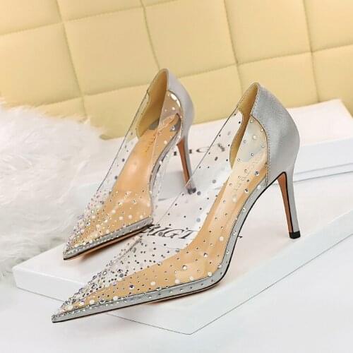 BIGTREE Rhinestone Women PVC Clear Transparent Pumps Perspex Heel Stilettos High Heels Point Toes Shoes Ladies Party Dress Shoes