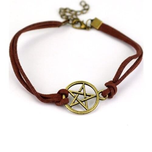 Gothic Supernatural Pentacle Pentagram Bracelet Adjustable Black Waxed Cord Two Love Hearts Bracelet For Women Fashion Jewelry