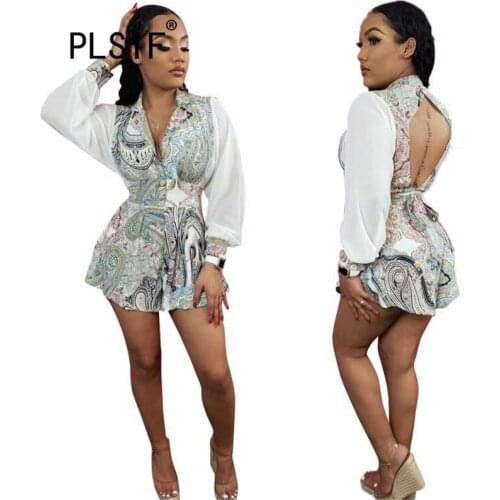 Backless Print Romper Women Jumpsuit Sexy Club Long Sleeve Autumn Shorts Bodysuit Ladies Playsuit