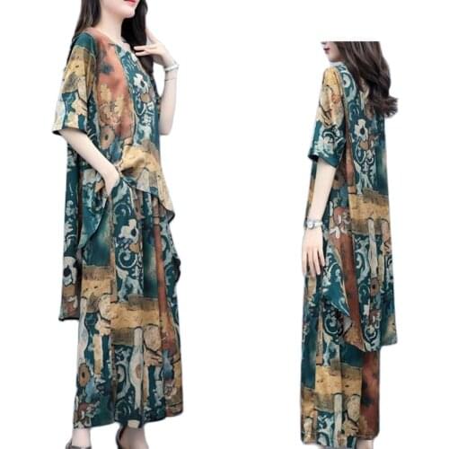 Dress Sets Retro Floral Leisure elegance Short Sleeve Round Neck Loose Fit T-shirt Blouse Wide Leg Pants Set Womens Clothing