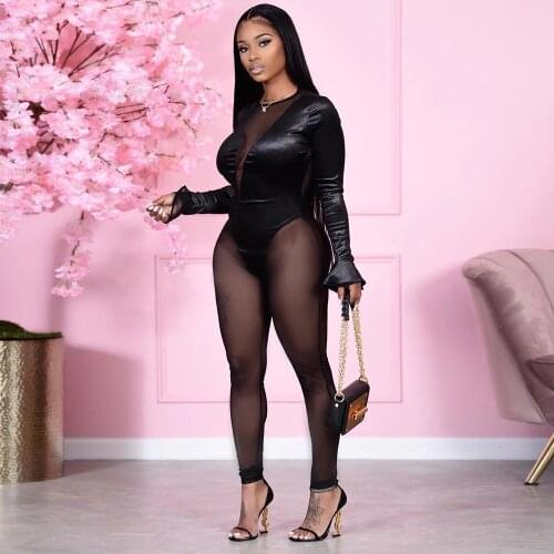 Women Mesh Sheer Jumpsuit Sexy Club Nude Romper Transparent See Through Exotic Nightclub Clubwear Outfits Evening Party Black