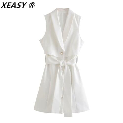 XEASY Za 2021 White Mini Summer Dress Woman Sleeveless Waistcoat Short Dress Women Fashion Belt Elegant Office Ladies Dresses
