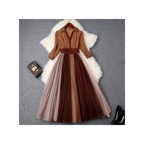 2019 spring and summer womens new V-neck seven-point sleeve high waist stitching mesh large swing dress temperament dressT3597