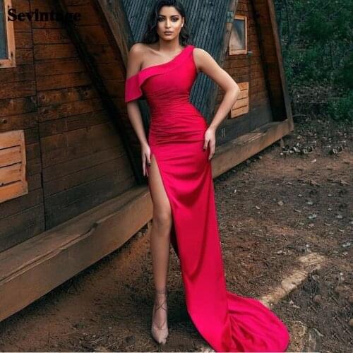 Sevintage Sexy Red Mermaid Evening Dresses Long Pleats Off the Shoulder Women Formal Party Dress High Slit Plus Size Prom Gowns