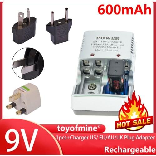 1x 9V 9 Volt 600mAh Power Black Ni-Mh Rechargeable Battery PPS block + Charger US/ EU/AU/UK Plug Adapter