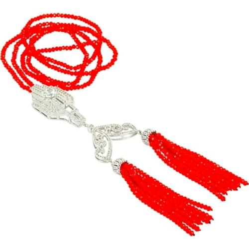 2017 Fashion Bohemia Style Tassel Pendant Necklace Silver Color Charm Pave with Rhinestone Crystal Double Tassels Glass Beads