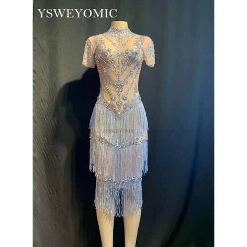 2019 Shining Rhinestones Fringes Dress Lady Prom Evening Outfit Singer Dancer See Through Mesh Dress Birthday Tassel Net Dress