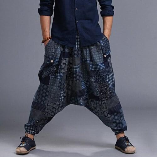 Men Yoga Pant Linen Nepal Harem Loose Wide Leg Crotch Pant Bloomers Casual Baggy Jogger Running Fitness Workout Pant Sweatpants