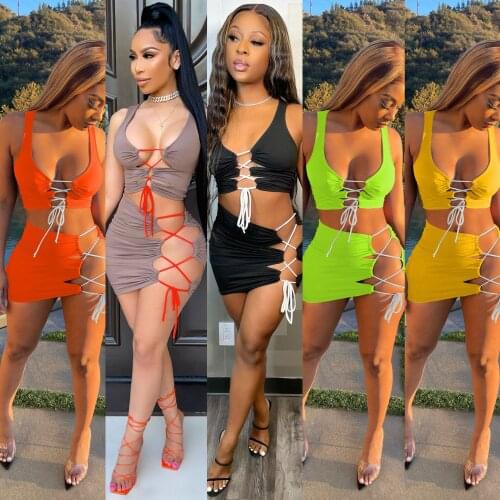 Echoine Womens Solid Cut Out Drawstring Mini Dress Sexy V Neck Sleeveless Bodycon Lace Up Night Club Party Dress Femme Outfits