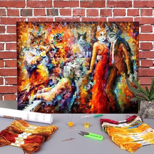 Oil Painting Style Cat Club Pre-Printed 11CT Cross Stitch Full Kit DIY Embroidery DMC Threads Handmade Knitting Sales