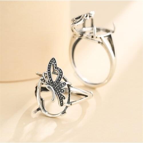 Ring Blank for 13x17mm Oval Cabochons Antique Style Butterfly Ring Setting Thai Sterling Silver Adjustable Ring Base SR0395