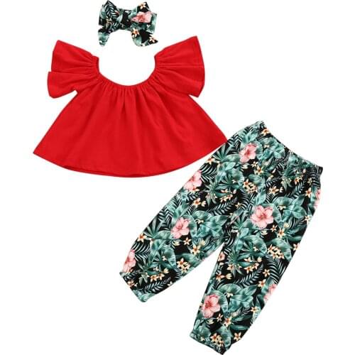 3 Pieces Kids Girl Clothes Set Solid Color Round Neck Short Sleeve Tops+ Floral Print Trousers+ Headband for Summer 1-6 Years