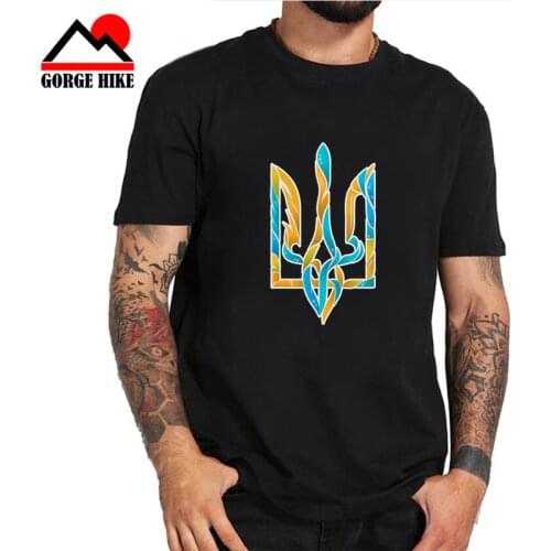 Creative Blue yellow Ukrainian Trident T Shirt Men Short Sleeve Cotton Ukrainian Logo T-shirt Camisetas Mens Clothing Masorwave