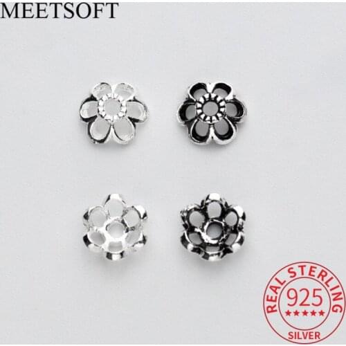 MEETSOFT Vintage 925 Sterling Silver 3pcs/lot flower bead caps Charms of DIY Handmade Fine Jewelry wholesale Accessory Gift