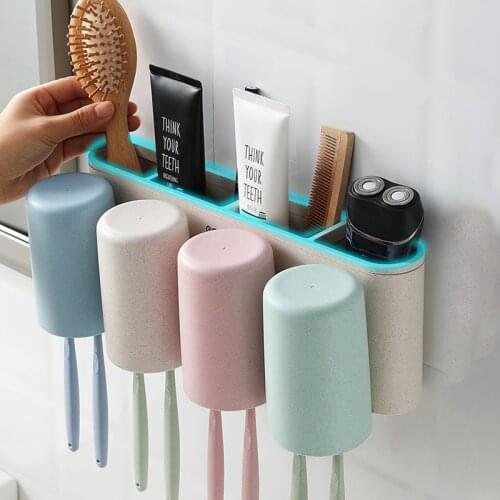 ECOCO Wall-mount Wheat Straw 2/3/4 Cup Toothbrush Holder Family Couples Toothbrush Toothpaste Cup Storage Bathroom Accessories