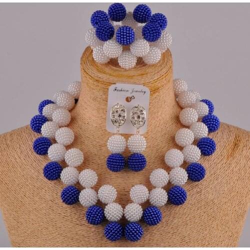 Newest royal blue and white african jewelry set nigerian beads necklace set FZZ110