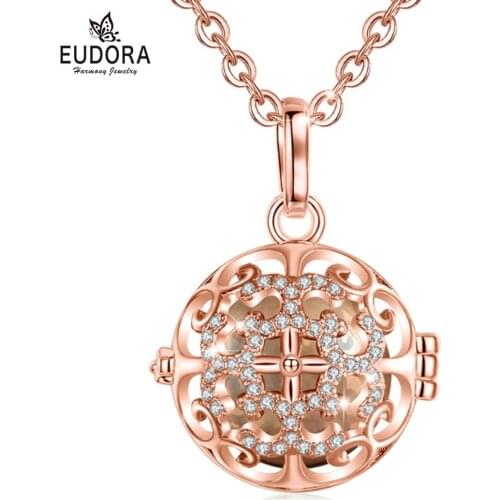 Eudora 16mm Crystal CZ bola pregnancy necklace sound Harmony bola flower Cage pink-gold locket Pendant for women Jewelry K393R16