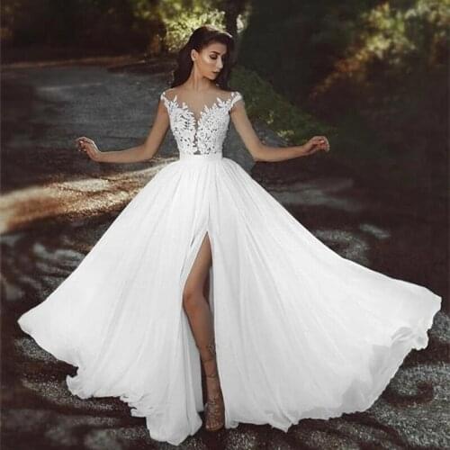 Romantic Bohemian Lace High Slit Boho Beach Wedding Dresses Sexy Open Back Appliques Tulle Wedding Bridal Gowns Vestido de Noiva