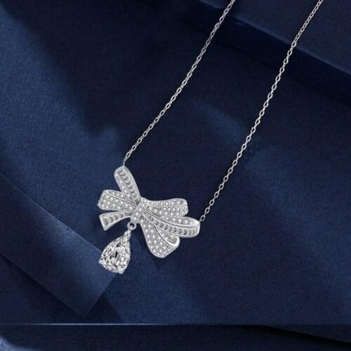 Luxury Elegant Bowknot Pendant Necklace Inlay Water Drop Crystal Cubic Zirconia Simplicity Jewelry For Women Wedding Engagement
