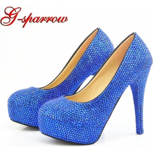 Royal Blue Crystal Wedding Shoes Plus Size 40 Bride Party Shoes Handmade Rhinestone Lady Prom High Heel Shoes Ship to Guangzhou