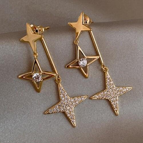 TIMEONLY Delicate Star Shinning Rhinestone Dangle Earrings Hollow Metal Charms Earring Korean Fan-shaped Elegant Jewellery Cute