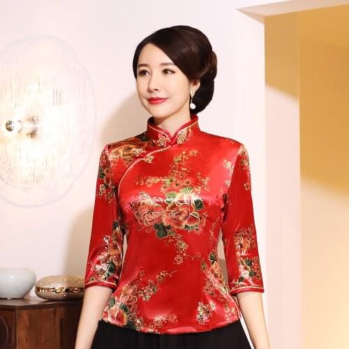 Vintage Blouse Velvet Women Oriental Tops Retro Mandarin Collar Coat Red Floral Shirt Traditional Chinese Tang Clothing