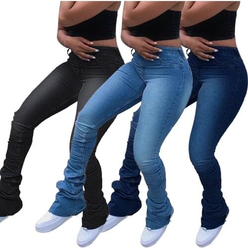 FNOCE 2020 womens jeans pants fashion trends casual elegatn solid high waist tight stretch slim pleated full denim Flare Pants