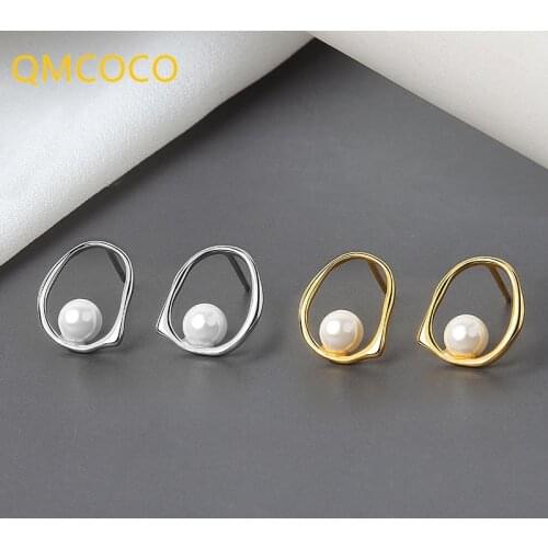 QMCOCO 925 Silver Irregular Round Hollow Stud Earrings For Women Jewelry Trendy Elegant Pearl Ear Accessorie