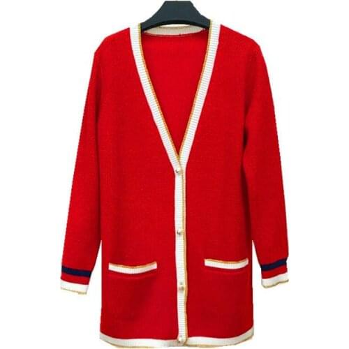 High Quality Striped Stitching Simple Knitted Sweater Cardigan Button V-Neck Long Sleeve Oversize Midi Coat Top 2021 New