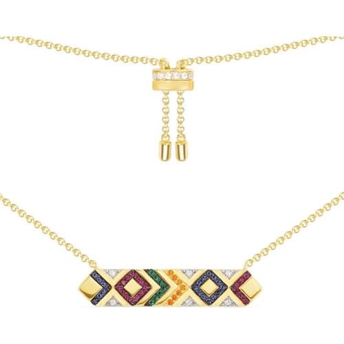 SLJELY Women High Quality 925 Sterling Silver Yellow Gold Color Colorful Zircon Tribal Stripes Straight Pendant Charm Necklace