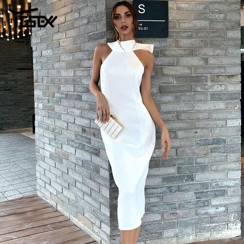 Yesexy 2021 New Sexy High Neck Elegant Midi Dress Sleeveless Solid Color Backless Bodycon Dress Autumn Women Party Dress M0488