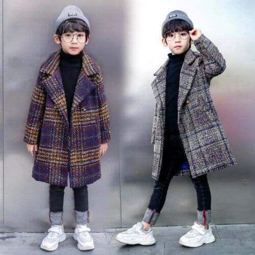 Boy winter quilted trench coat Boy anti-style woolen coat Boy fashion lapel warm jacket Boys long woolen windbreaker