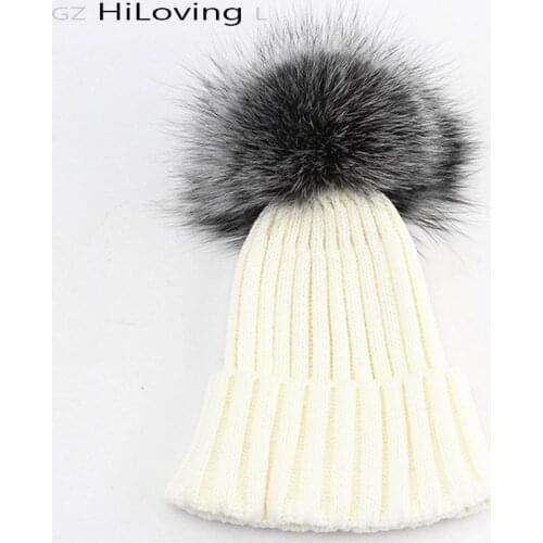 2016 Winter Beanie Real Silver Fox Fur Pompom Knitting Beanies Hat For Women Black Real Raccoon Fur Pom Pom Skullies Beanie Hats