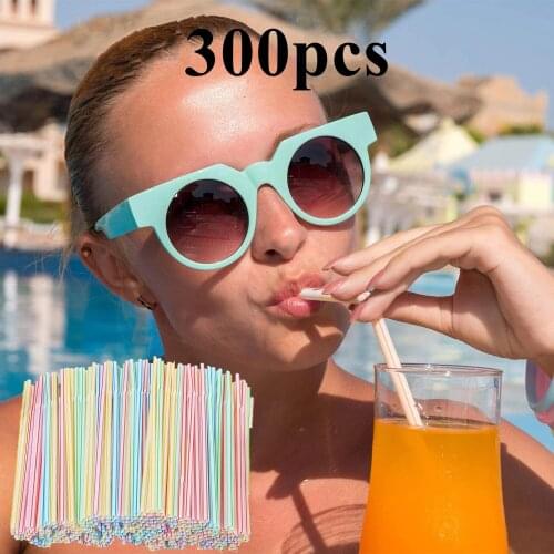 300pcs Multicolor Straws Juice Striped Drinking Straw Plastic Long Flexible Drinking Straws for Party Weddings Drinking Bar