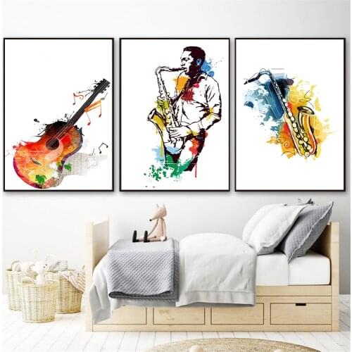 Watercolor Music Saxophone Guitar Canvas Paintings Posters and Prints Wall Art Picture for Living Room Home Decoration